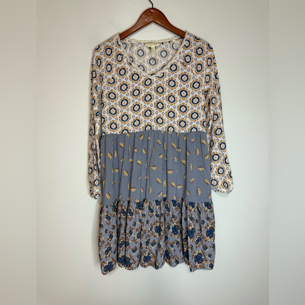 Matilda Jane Mixed-Print Tiered Long Sleeve Dress in Blue & Cream size medium